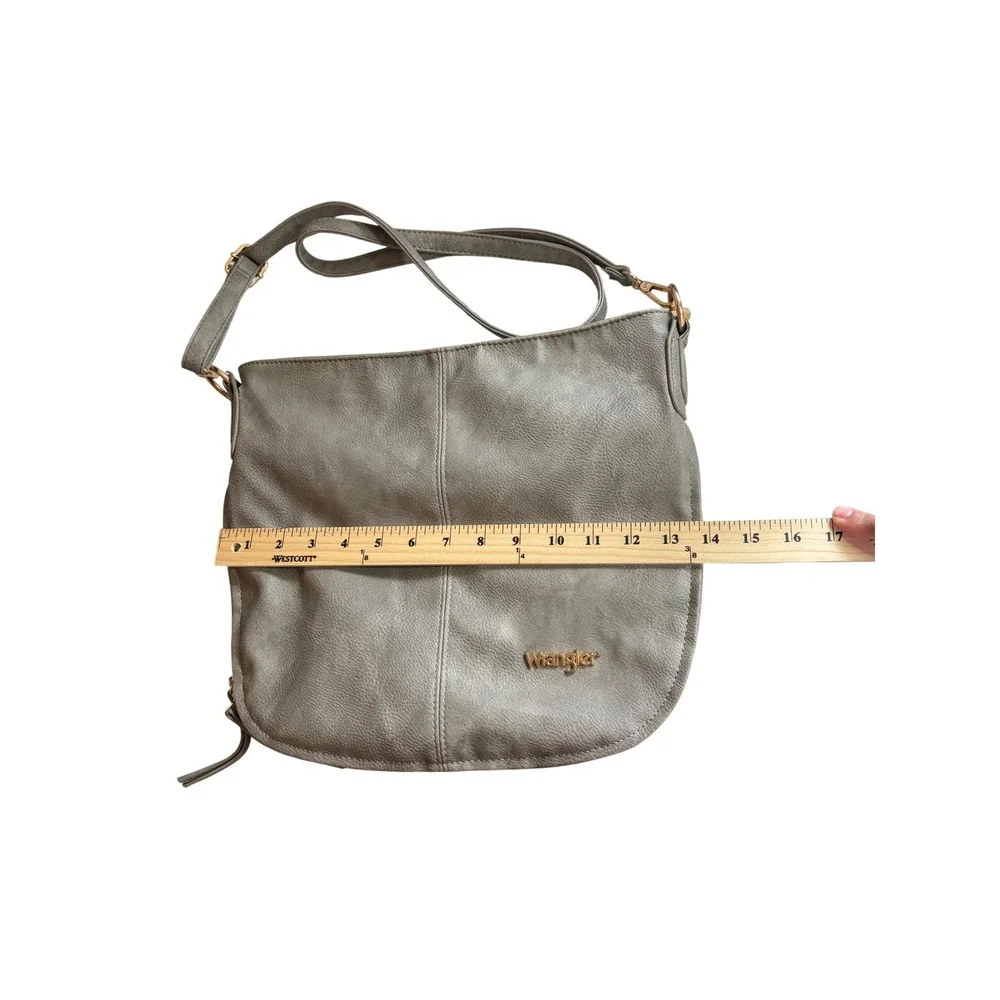 Wrangler Metallic Grey Faux Leather Crossbody Hobo Bag Gold Hardware Western